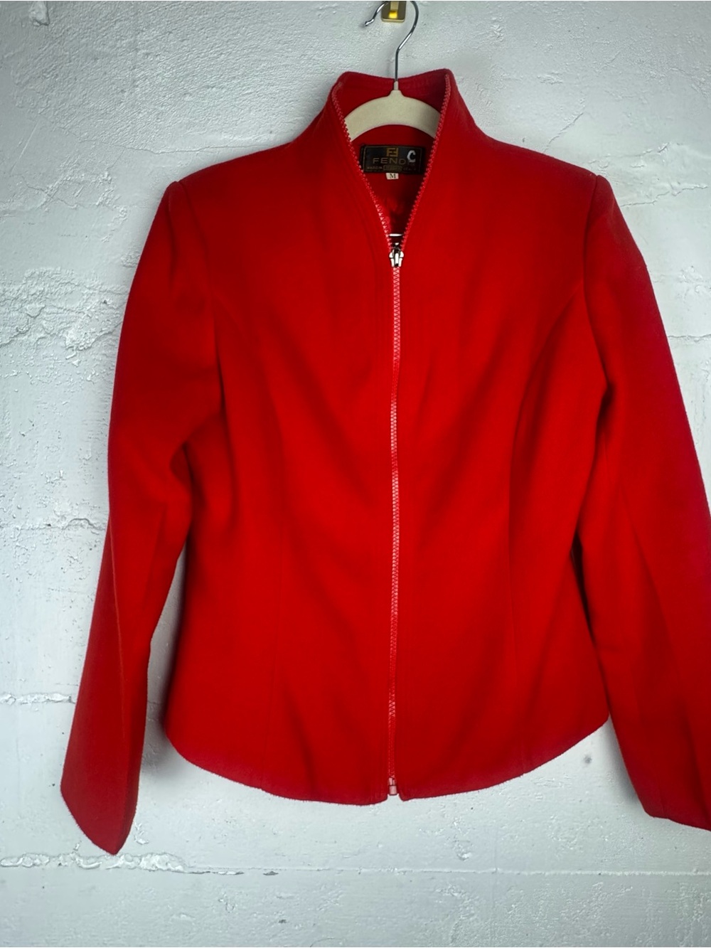 Fendi Vintage Cashmere 1990s Red Zip-Front Blazer Jacket Mock Neck HTF Rare